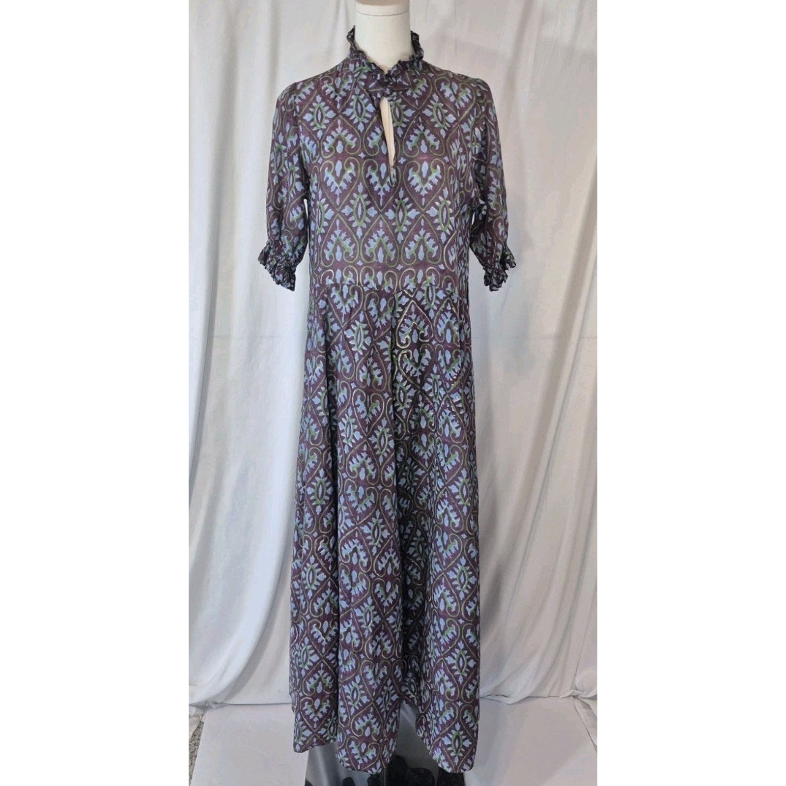 Lexy London Womens Purple Blue Cotton Silk Geometric Print Maxi Dress Small